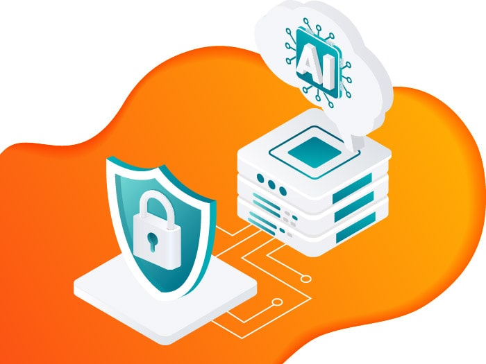 GenAI security infographic with AI chip, cybersecurity shield, and data server icons illustrating AI-driven threats and the need for deep observability in hybrid cloud environments.