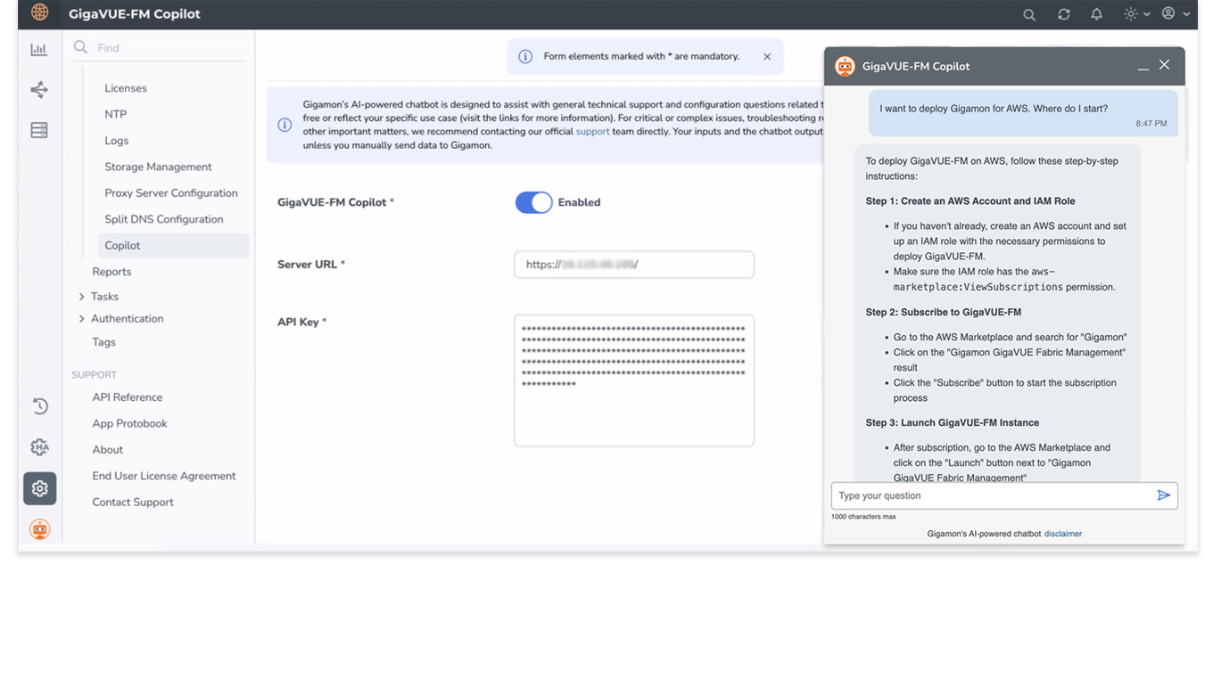 GigaVUE-FM Copilot interface showing chatbot setup with server URL and API key configuration alongside AI assistant deployment instructions for AWS.